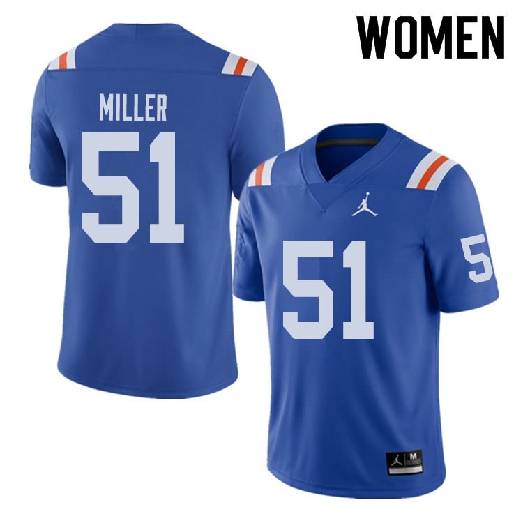 NCAA Florida Gators Ventrell Miller Women's #51 Jordan Brand Alternate Royal Throwback Stitched Authentic College Football Jersey YZD2464VC